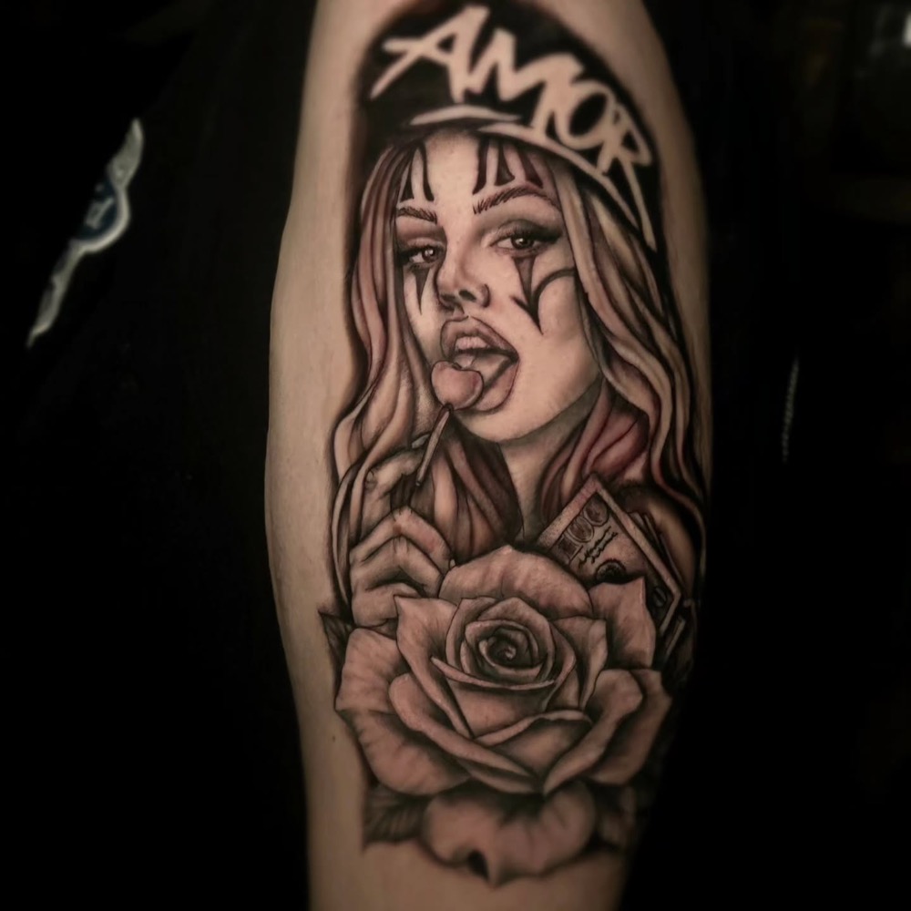 Woman's portrait with Amor lettering