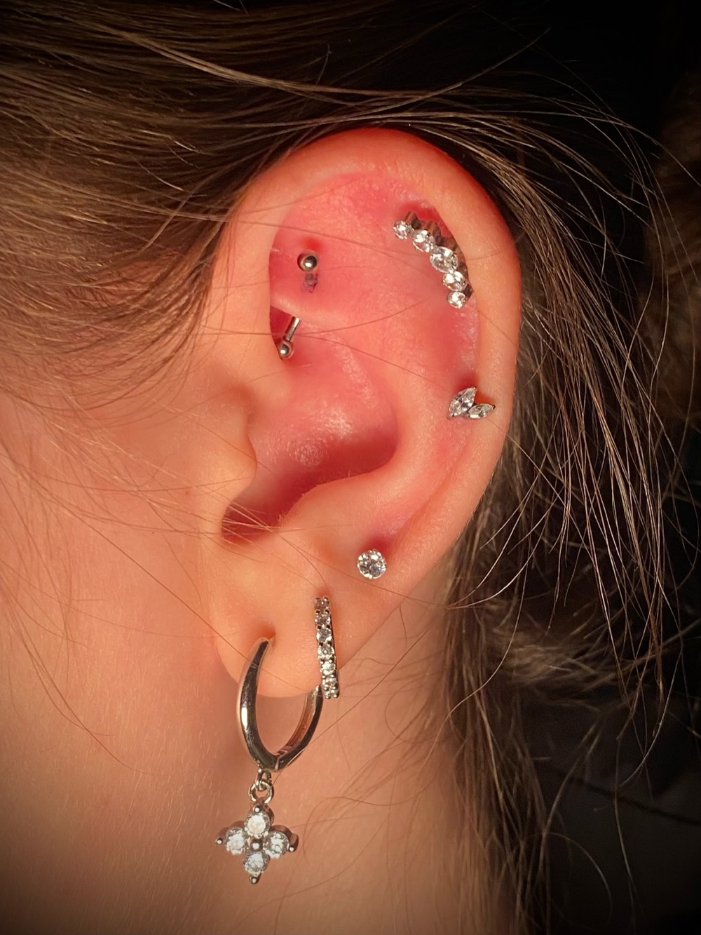 Rook piercing in a curated ear